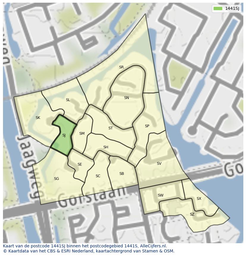 Afbeelding van het postcodegebied 1441 SJ op de kaart.