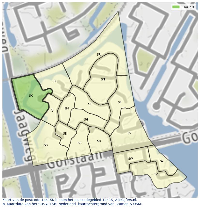 Afbeelding van het postcodegebied 1441 SK op de kaart.