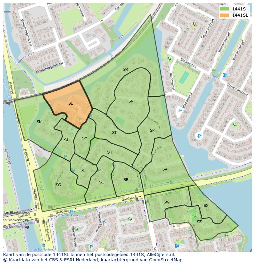 Afbeelding van het postcodegebied 1441 SL op de kaart.