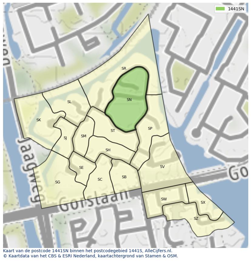 Afbeelding van het postcodegebied 1441 SN op de kaart.