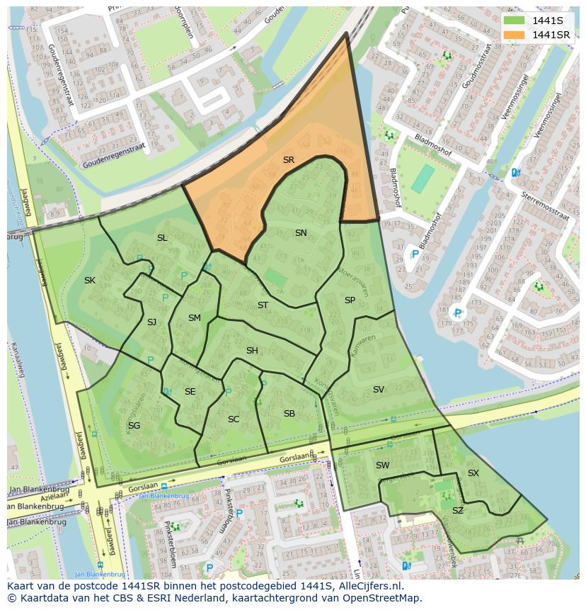 Afbeelding van het postcodegebied 1441 SR op de kaart.