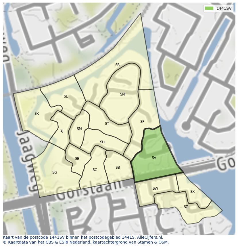 Afbeelding van het postcodegebied 1441 SV op de kaart.