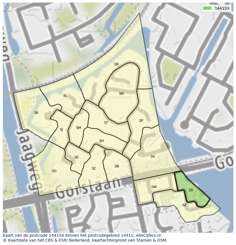 Afbeelding van het postcodegebied 1441 SX op de kaart.