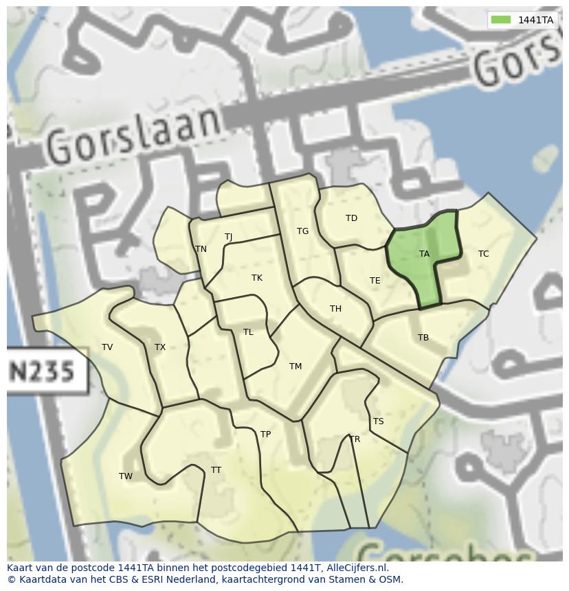 Afbeelding van het postcodegebied 1441 TA op de kaart.