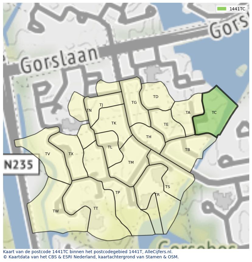Afbeelding van het postcodegebied 1441 TC op de kaart.