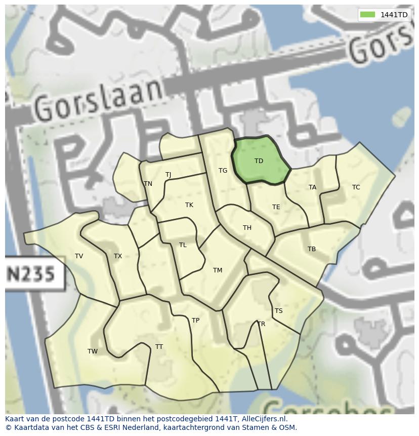 Afbeelding van het postcodegebied 1441 TD op de kaart.