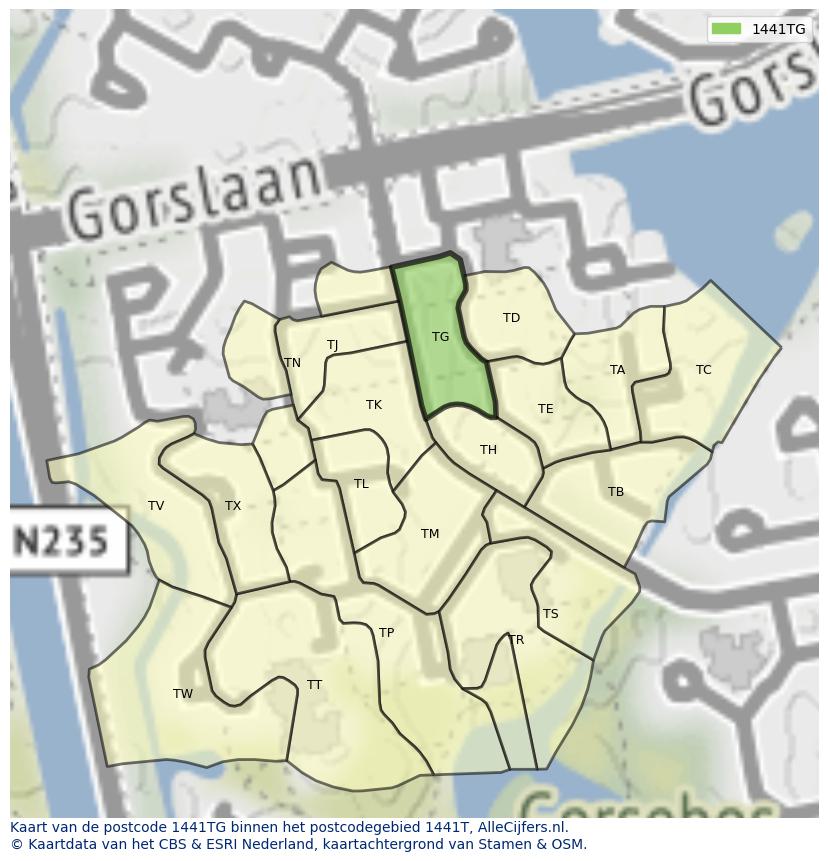 Afbeelding van het postcodegebied 1441 TG op de kaart.