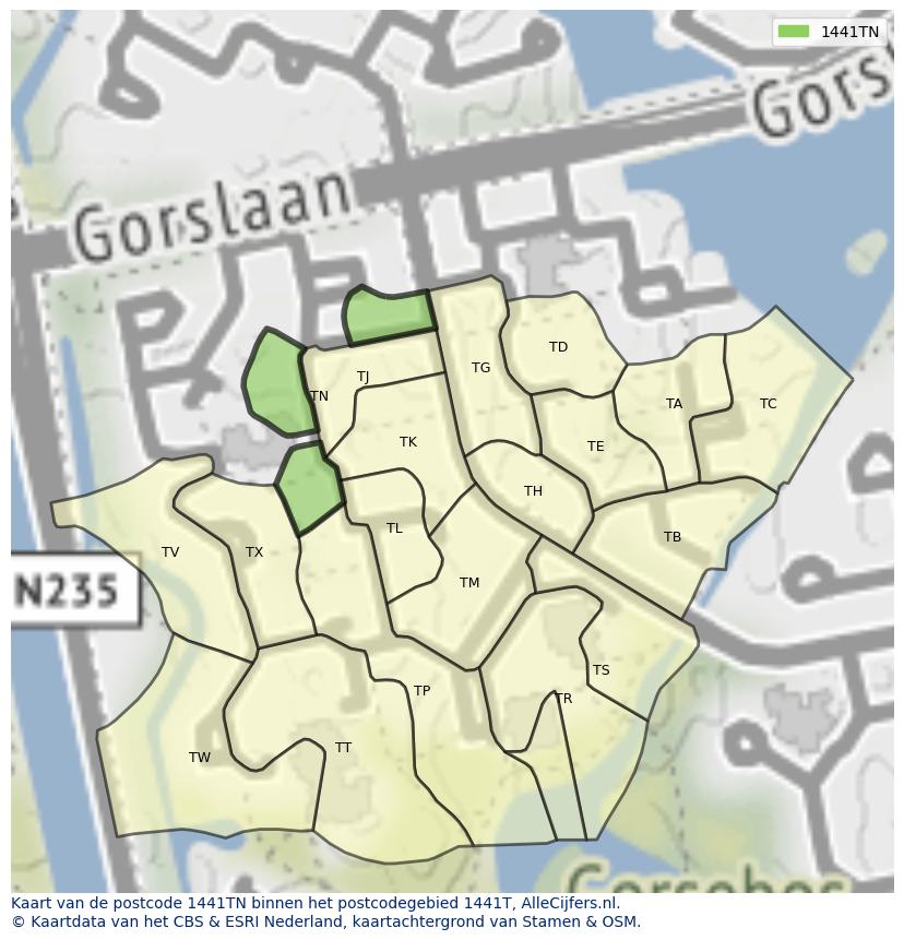 Afbeelding van het postcodegebied 1441 TN op de kaart.