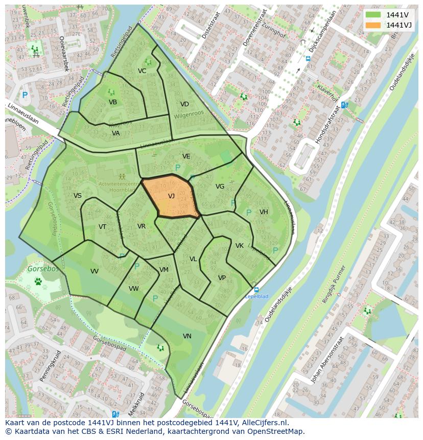 Afbeelding van het postcodegebied 1441 VJ op de kaart.