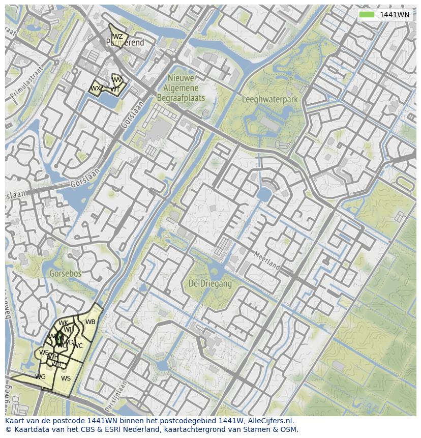 Afbeelding van het postcodegebied 1441 WN op de kaart.