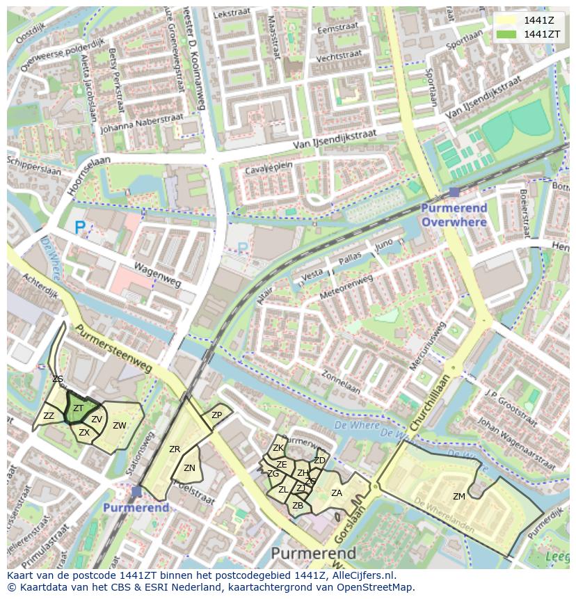 Afbeelding van het postcodegebied 1441 ZT op de kaart.