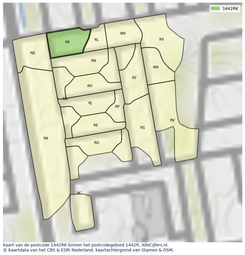 Afbeelding van het postcodegebied 1442 RK op de kaart.