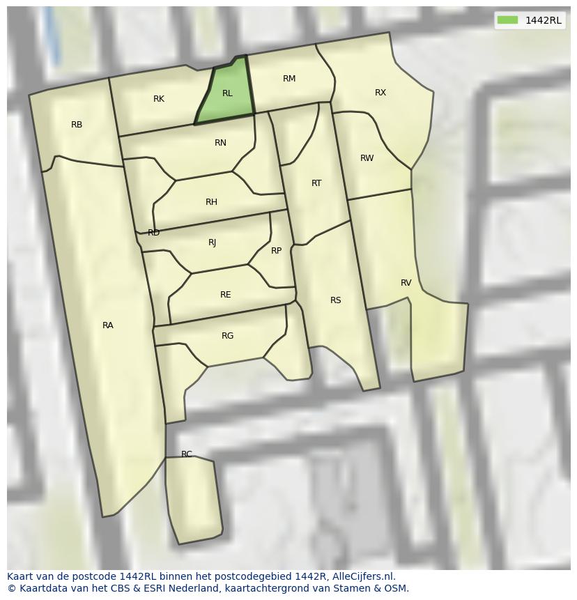 Afbeelding van het postcodegebied 1442 RL op de kaart.