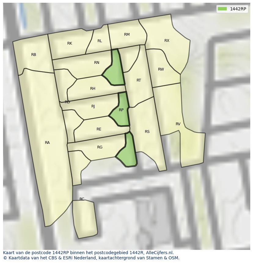 Afbeelding van het postcodegebied 1442 RP op de kaart.