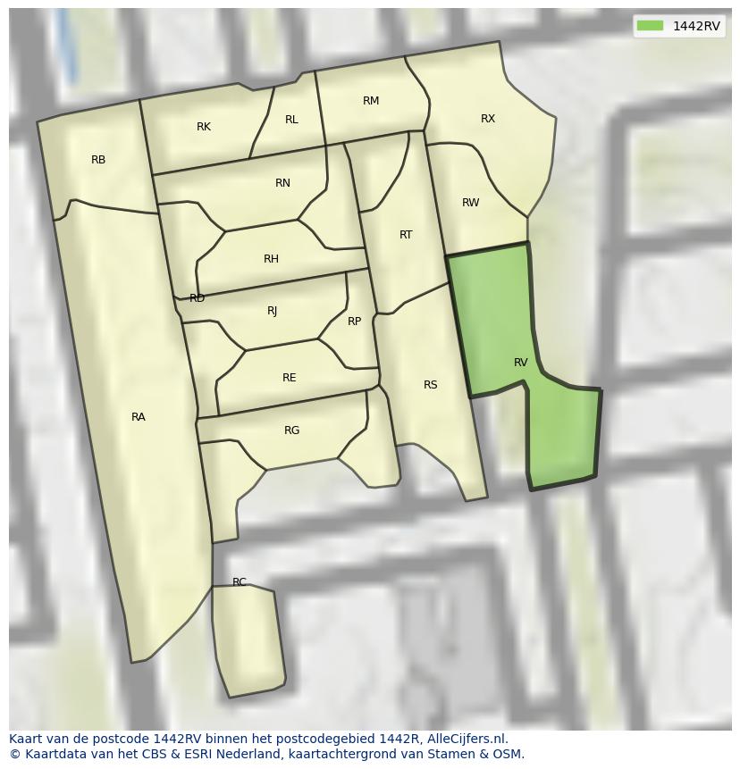 Afbeelding van het postcodegebied 1442 RV op de kaart.