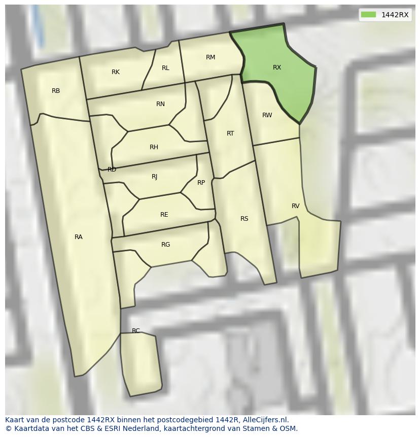 Afbeelding van het postcodegebied 1442 RX op de kaart.