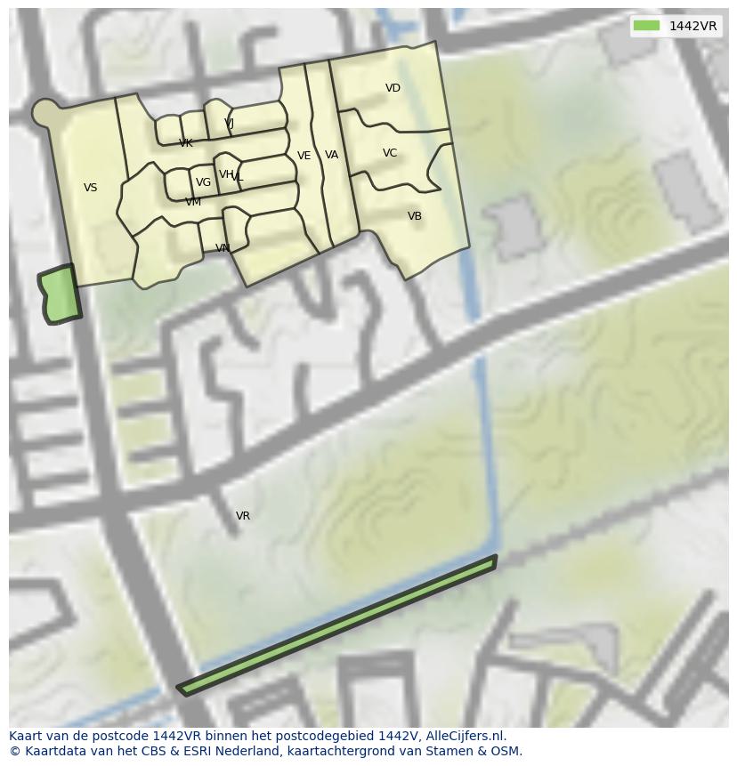 Afbeelding van het postcodegebied 1442 VR op de kaart.
