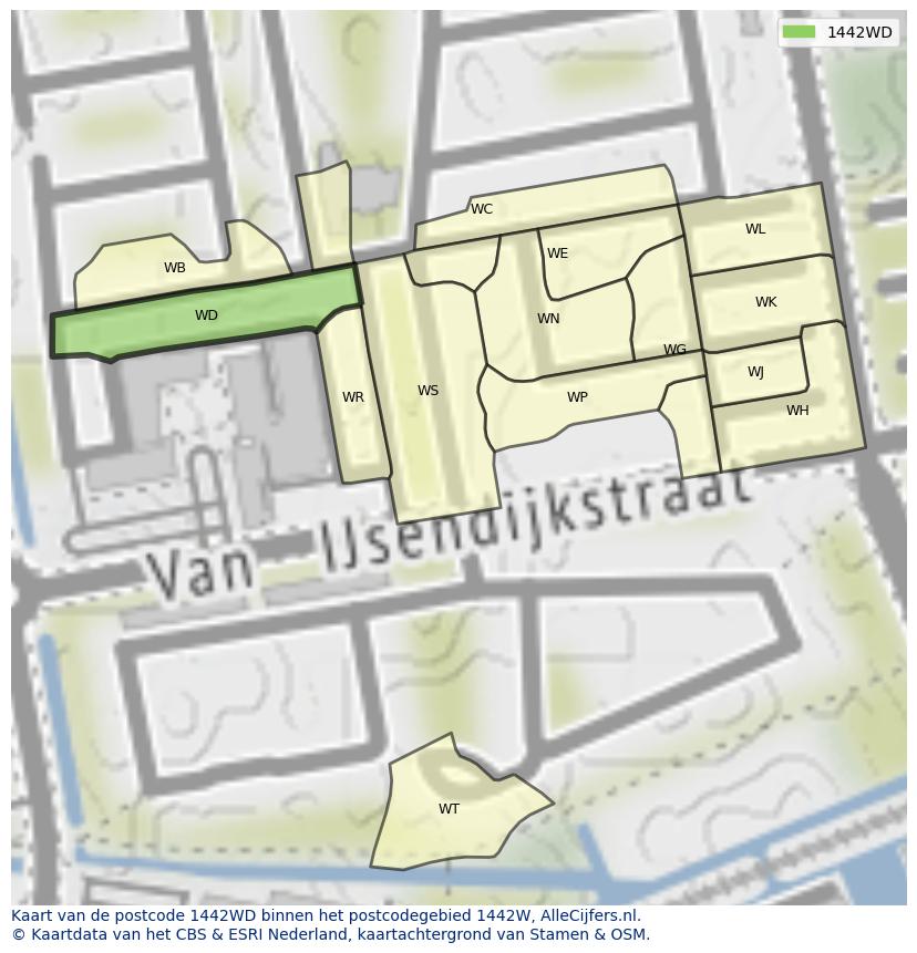 Afbeelding van het postcodegebied 1442 WD op de kaart.