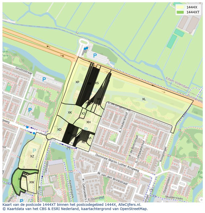 Afbeelding van het postcodegebied 1444 XT op de kaart.