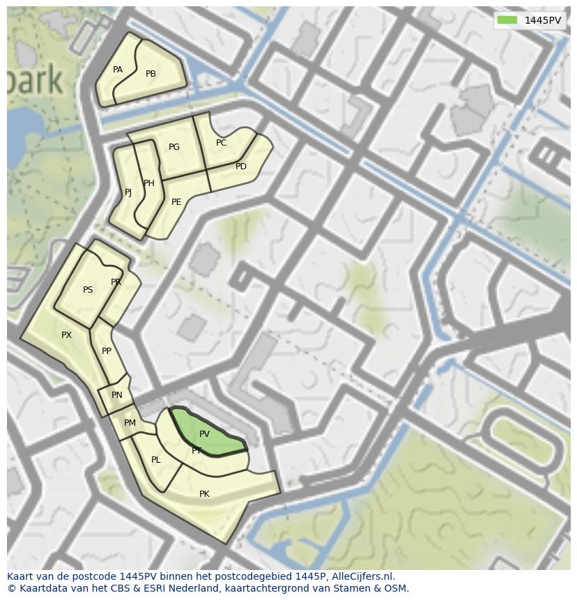 Afbeelding van het postcodegebied 1445 PV op de kaart.