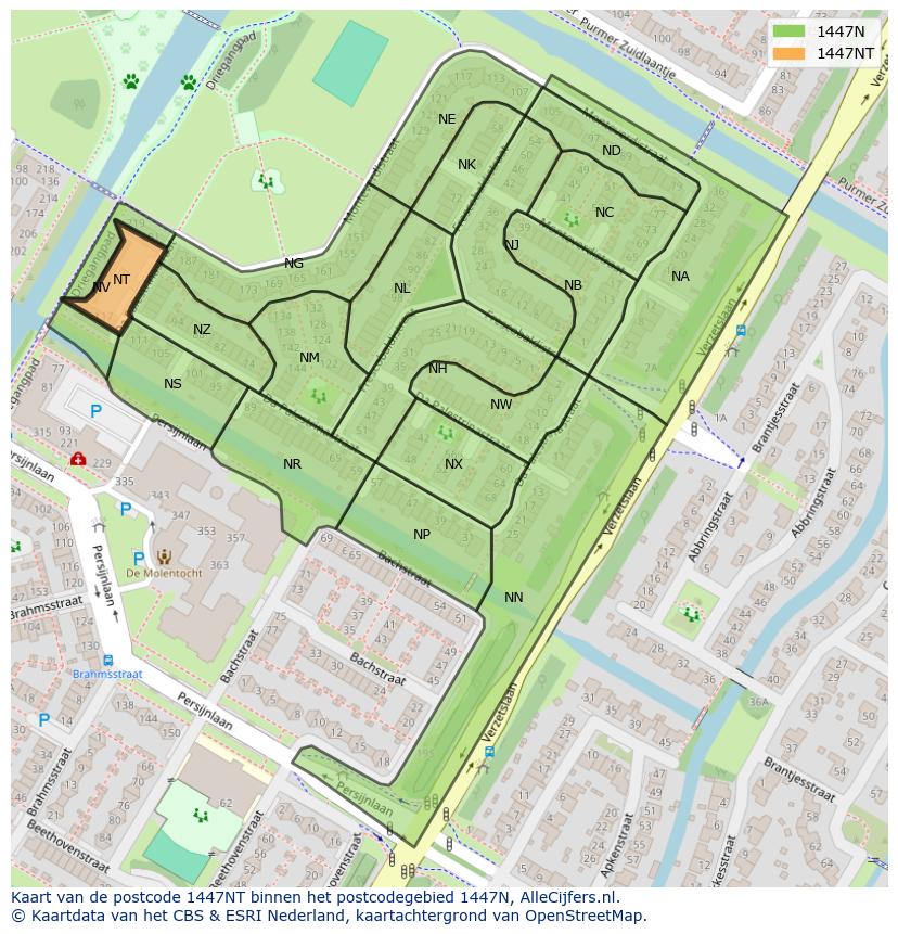 Afbeelding van het postcodegebied 1447 NT op de kaart.
