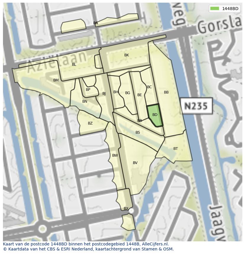 Afbeelding van het postcodegebied 1448 BD op de kaart.