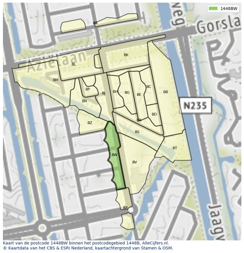 Afbeelding van het postcodegebied 1448 BW op de kaart.