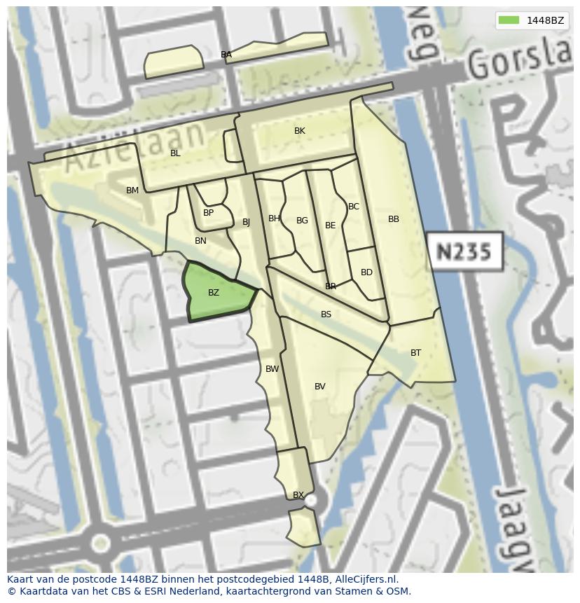 Afbeelding van het postcodegebied 1448 BZ op de kaart.
