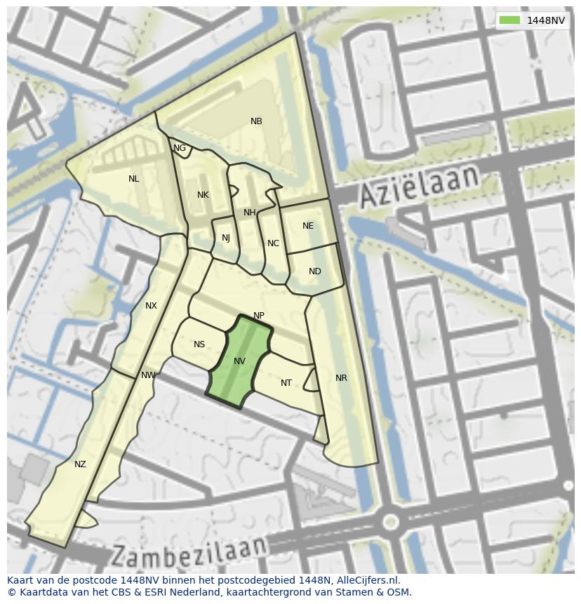 Afbeelding van het postcodegebied 1448 NV op de kaart.