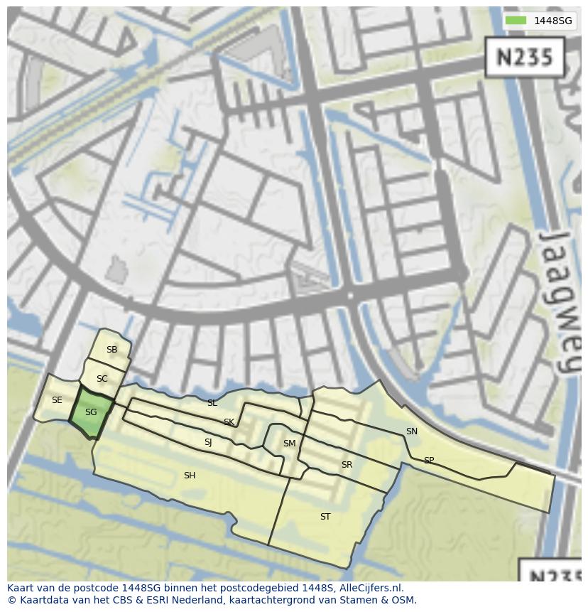 Afbeelding van het postcodegebied 1448 SG op de kaart.