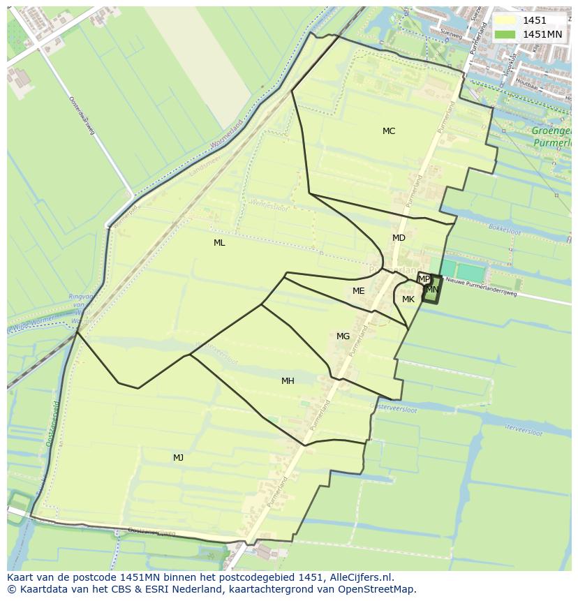 Afbeelding van het postcodegebied 1451 MN op de kaart.