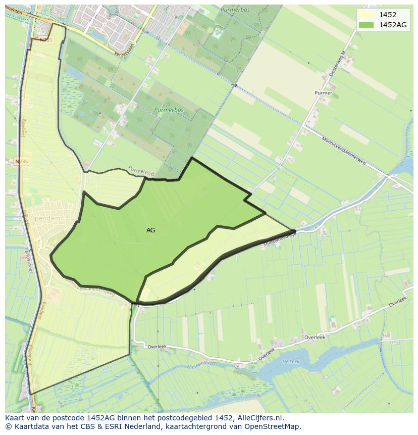 Afbeelding van het postcodegebied 1452 AG op de kaart.