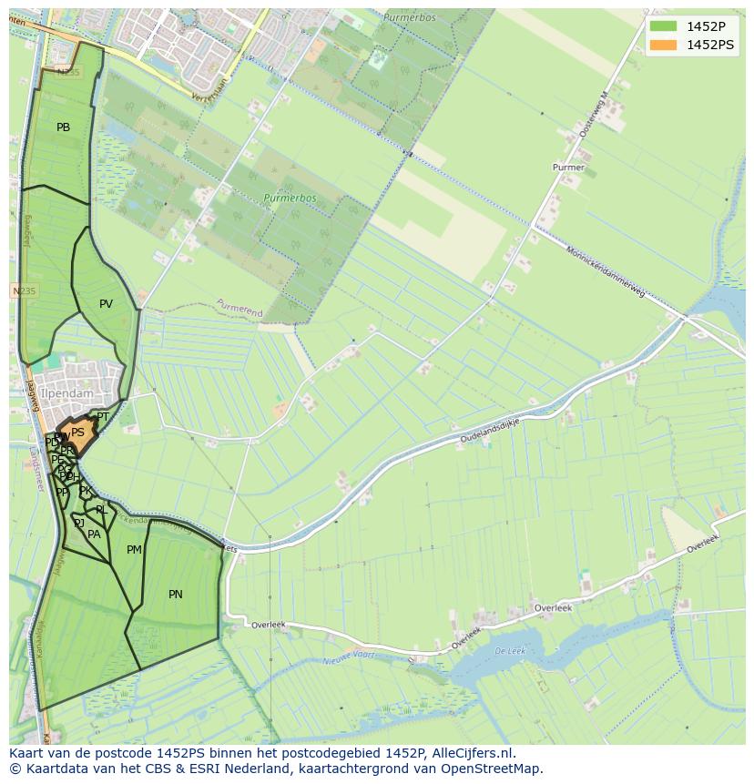 Afbeelding van het postcodegebied 1452 PS op de kaart.