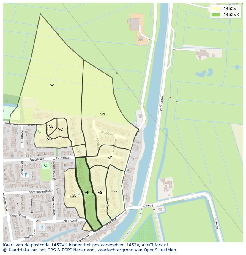 Afbeelding van het postcodegebied 1452 VK op de kaart.