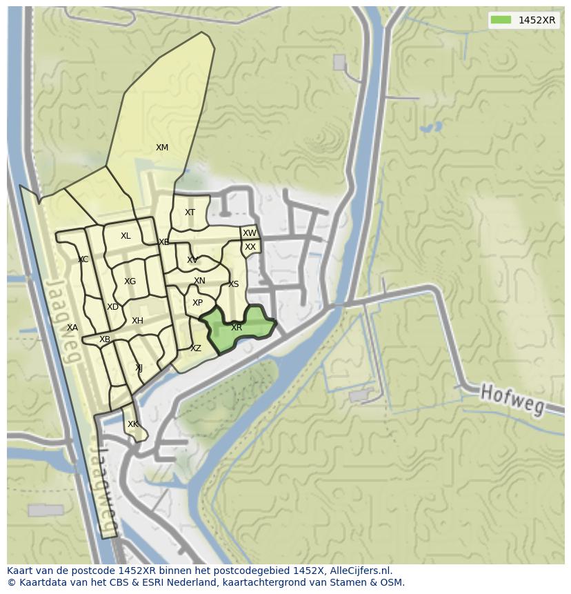 Afbeelding van het postcodegebied 1452 XR op de kaart.