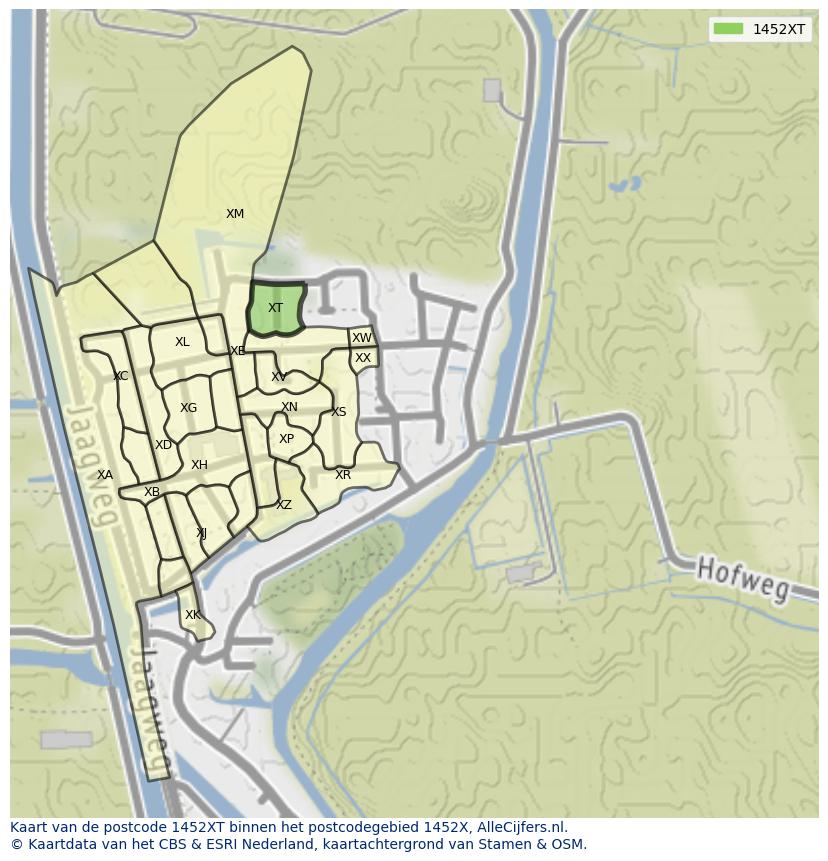 Afbeelding van het postcodegebied 1452 XT op de kaart.