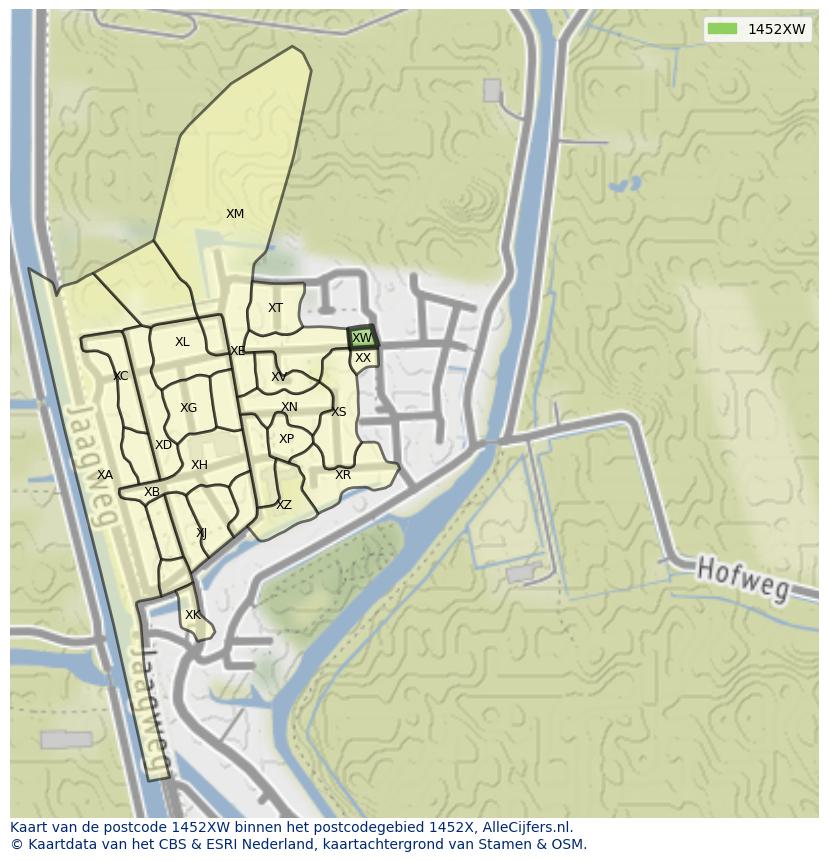 Afbeelding van het postcodegebied 1452 XW op de kaart.