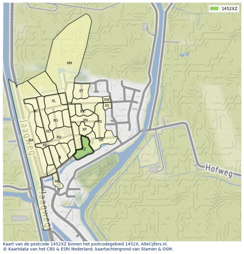 Afbeelding van het postcodegebied 1452 XZ op de kaart.