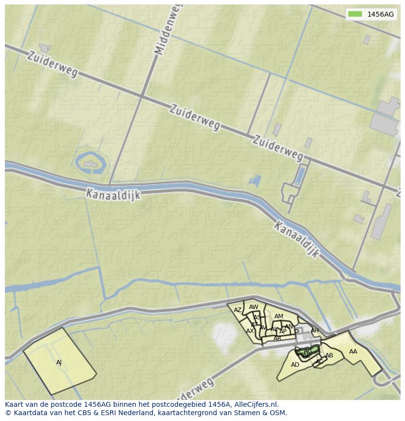 Afbeelding van het postcodegebied 1456 AG op de kaart.