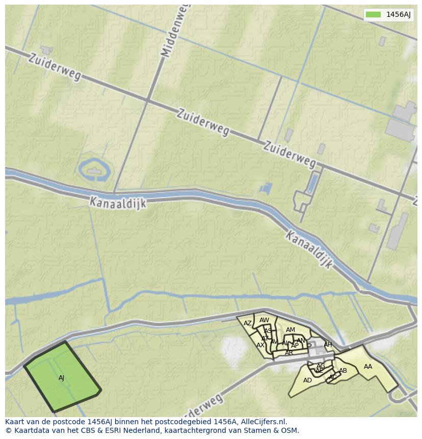 Afbeelding van het postcodegebied 1456 AJ op de kaart.