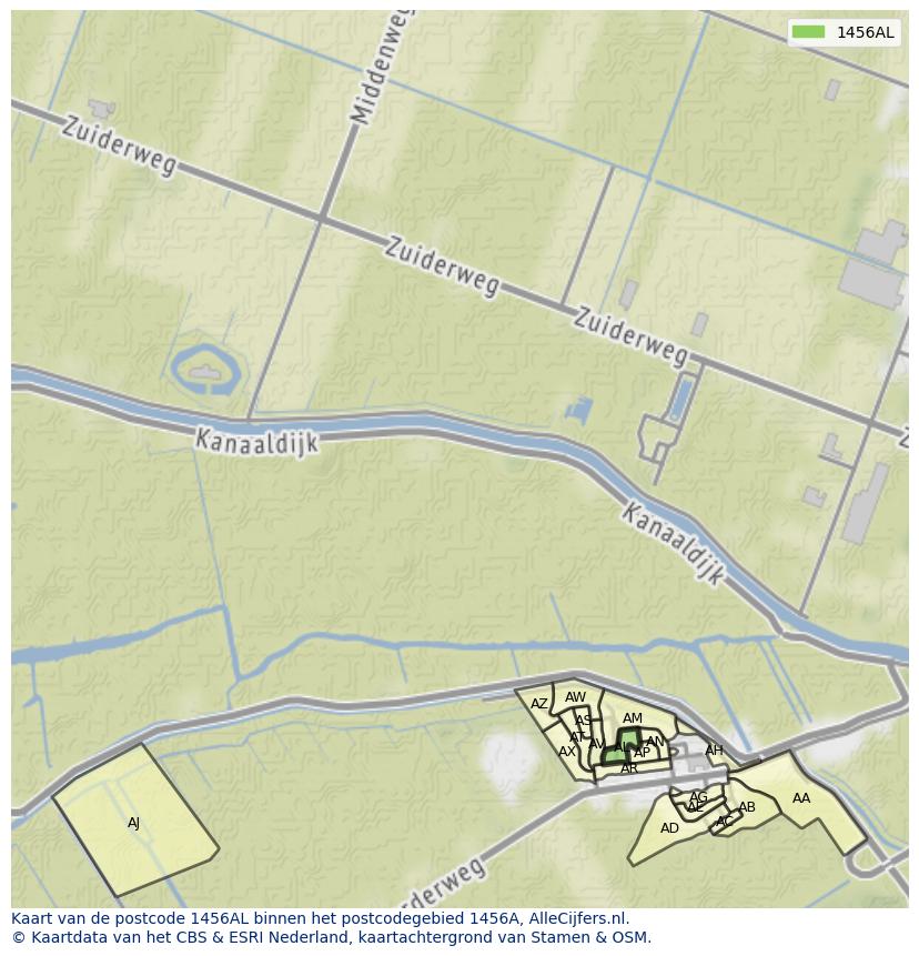 Afbeelding van het postcodegebied 1456 AL op de kaart.