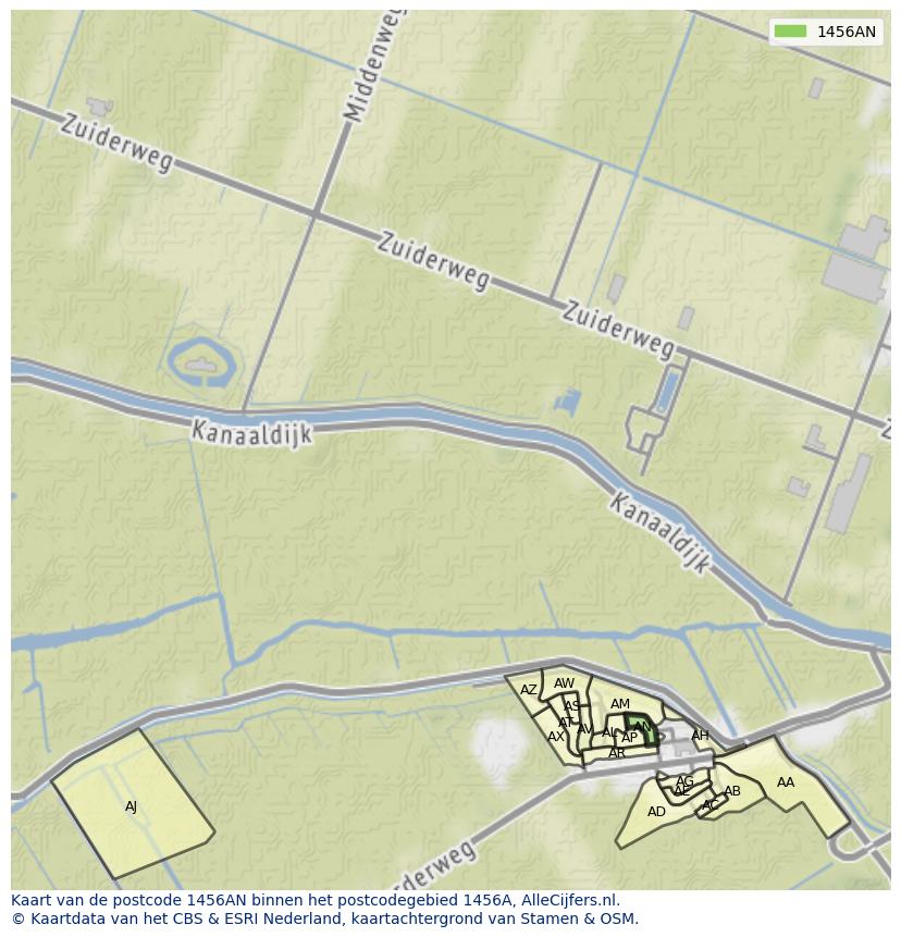Afbeelding van het postcodegebied 1456 AN op de kaart.