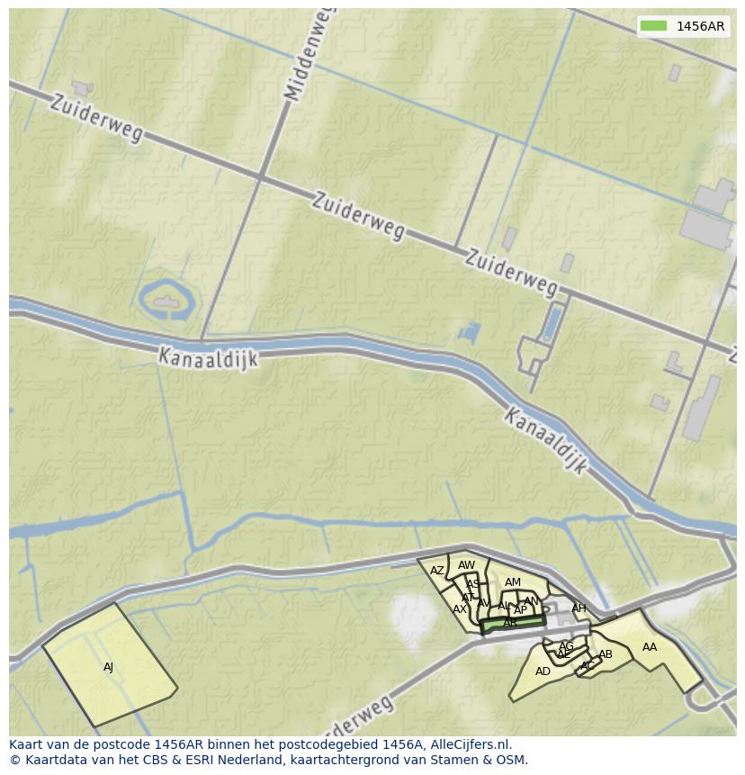 Afbeelding van het postcodegebied 1456 AR op de kaart.