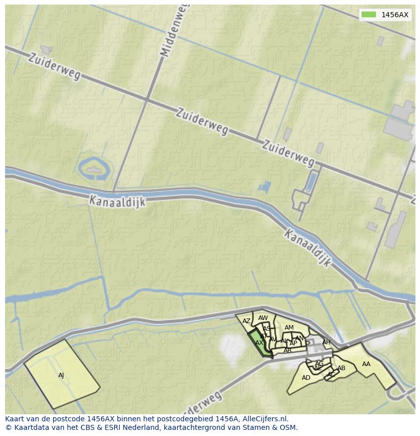 Afbeelding van het postcodegebied 1456 AX op de kaart.