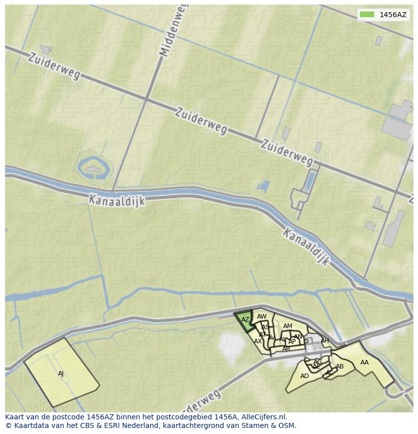 Afbeelding van het postcodegebied 1456 AZ op de kaart.