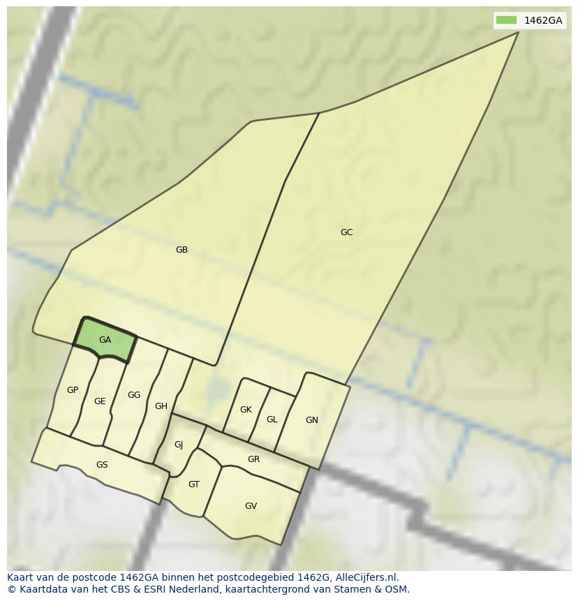 Afbeelding van het postcodegebied 1462 GA op de kaart.