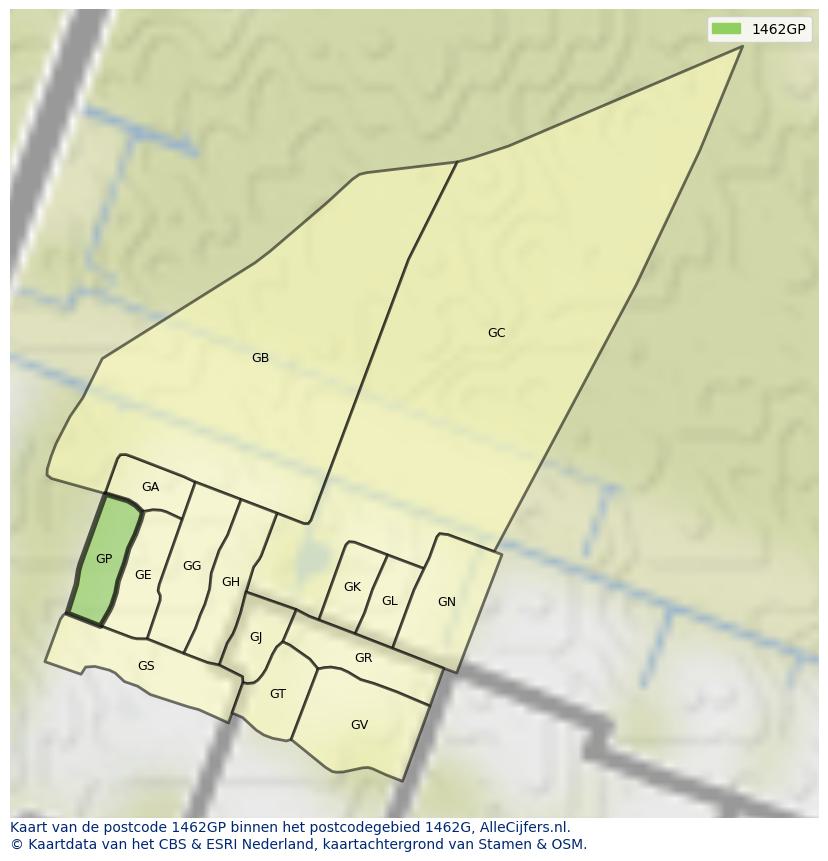 Afbeelding van het postcodegebied 1462 GP op de kaart.
