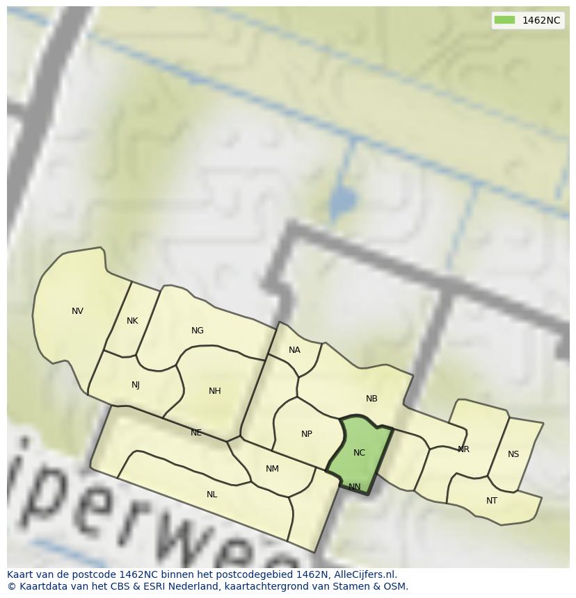 Afbeelding van het postcodegebied 1462 NC op de kaart.