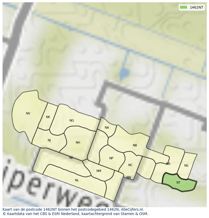 Afbeelding van het postcodegebied 1462 NT op de kaart.