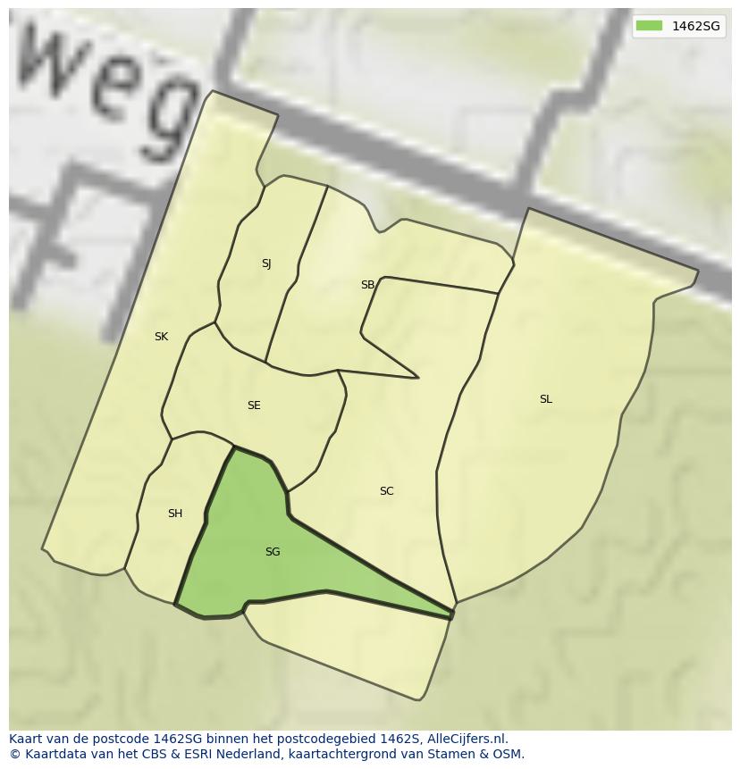 Afbeelding van het postcodegebied 1462 SG op de kaart.